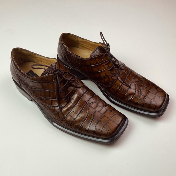 Kenneth Cole New York Brown Leather Crocodile Print Square-toe Oxfords S…